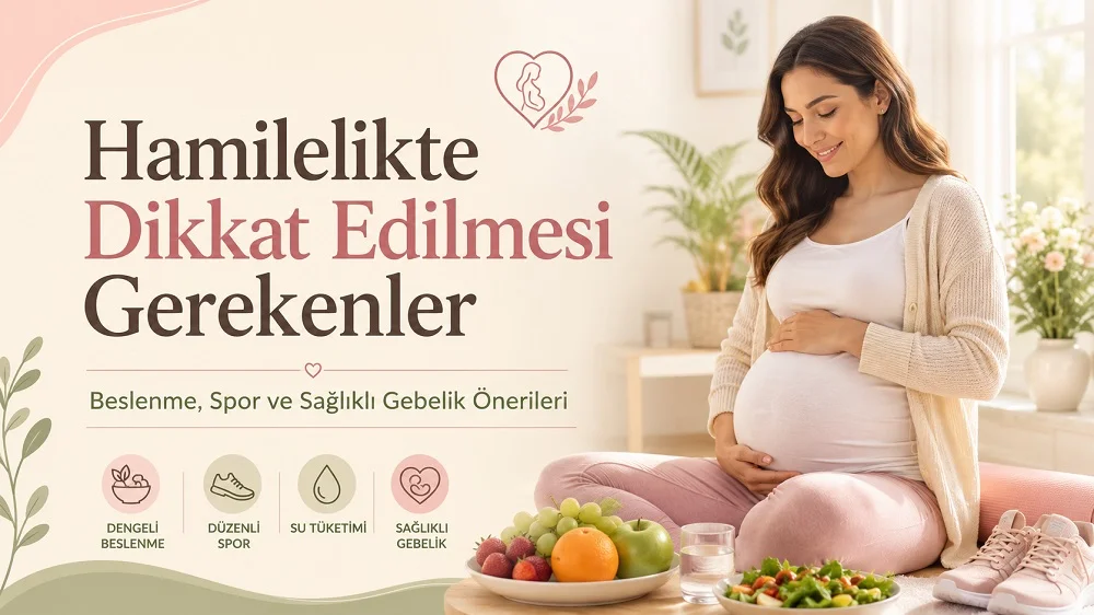 Karnını tutan hamile kadın, sağlıklı yiyecekler, su bardağı, spor ayakkabısı ve gebelik önerileri başlığı bulunan kapak görseli.