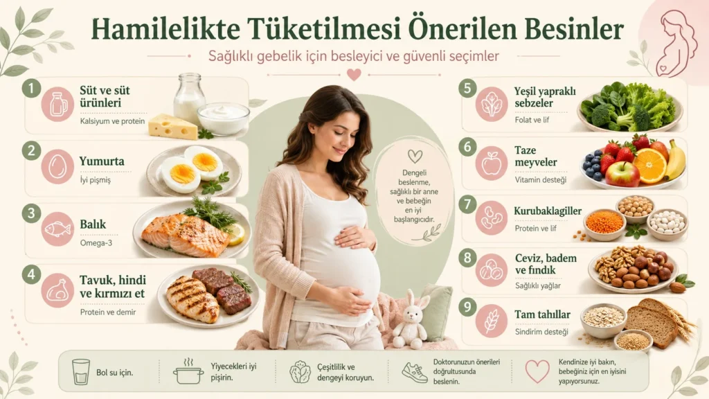 Hamilelikte tüketilmesi önerilen besinleri gösteren, hamile kadın figürü etrafında süt ürünleri, yumurta, balık, sebze, meyve, kurubaklagil, kuruyemiş ve tam tahılların listelendiği bilgilendirici iç görsel.