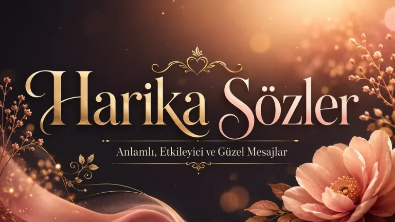 Harika Sözler başlığıyla hazırlanmış, altın ve pembe tonlarda zarif yazı tasarımı, çiçek detayları ve ışık efektleri bulunan estetik kapak görseli.