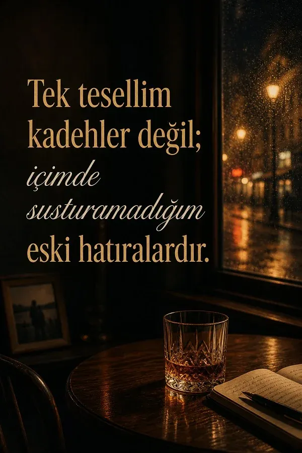 Yağmurlu cam önünde kadeh ve duygusal cool söz