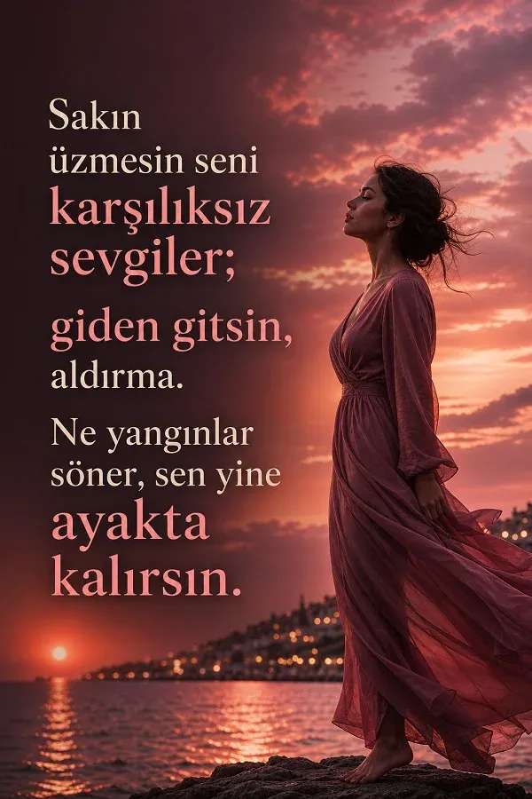 Gün batımında güçlü kadın ve motivasyonel havalı söz
