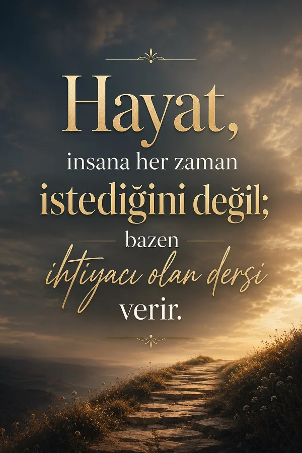 Bulutlu gökyüzü ve taşlı yol manzarası üzerinde “Hayat, insana her zaman istediğini değil; bazen ihtiyacı olan dersi verir.” sözü yazılıdır.