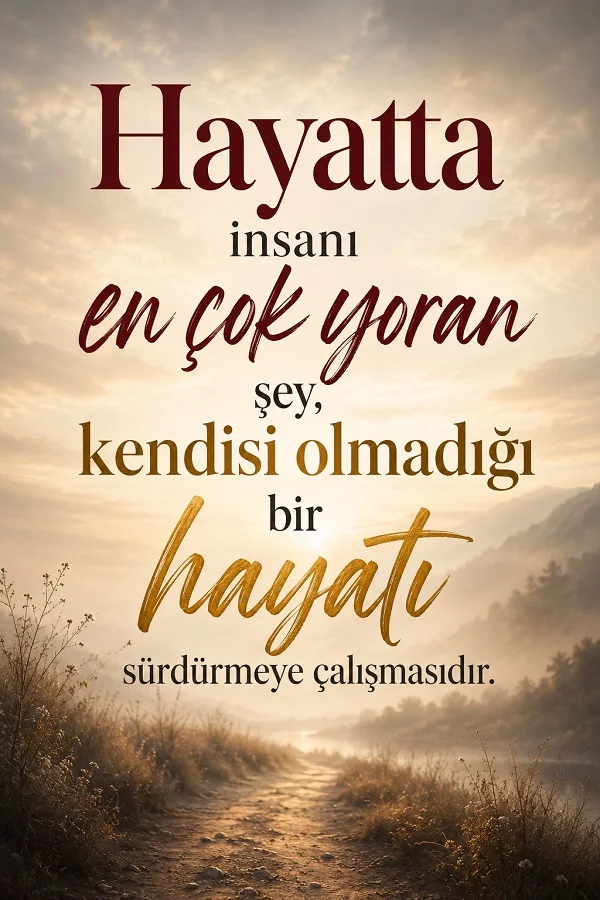 Sisli doğa yolu bulunan açık tonlu arka planda “Hayatta insanı en çok yoran şey, kendisi olmadığı bir hayatı sürdürmeye çalışmasıdır.” sözü yer alıyor.