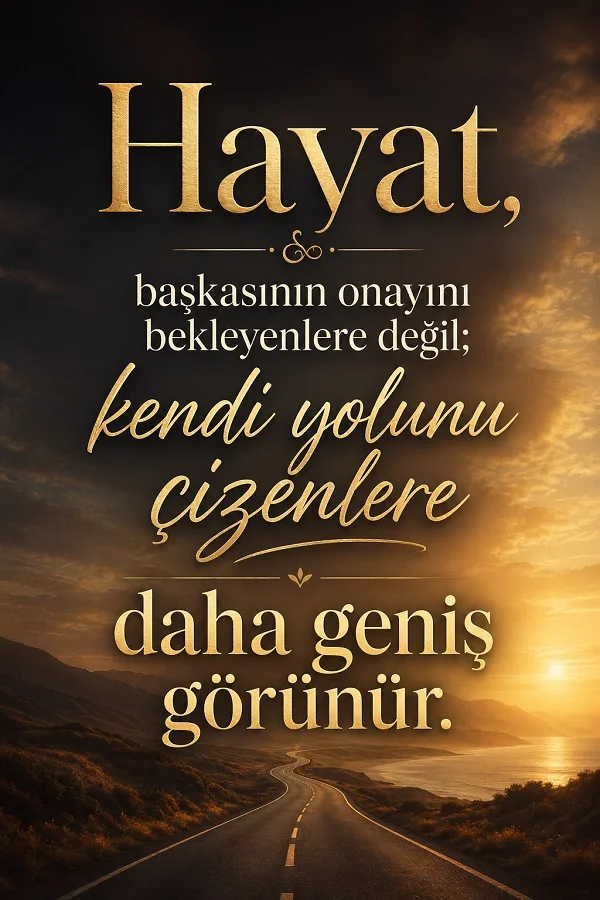 Gün batımı ve uzun asfalt yol manzarası üzerinde “Hayat, başkasının onayını bekleyenlere değil; kendi yolunu çizenlere daha geniş görünür.” sözü yazıyor.