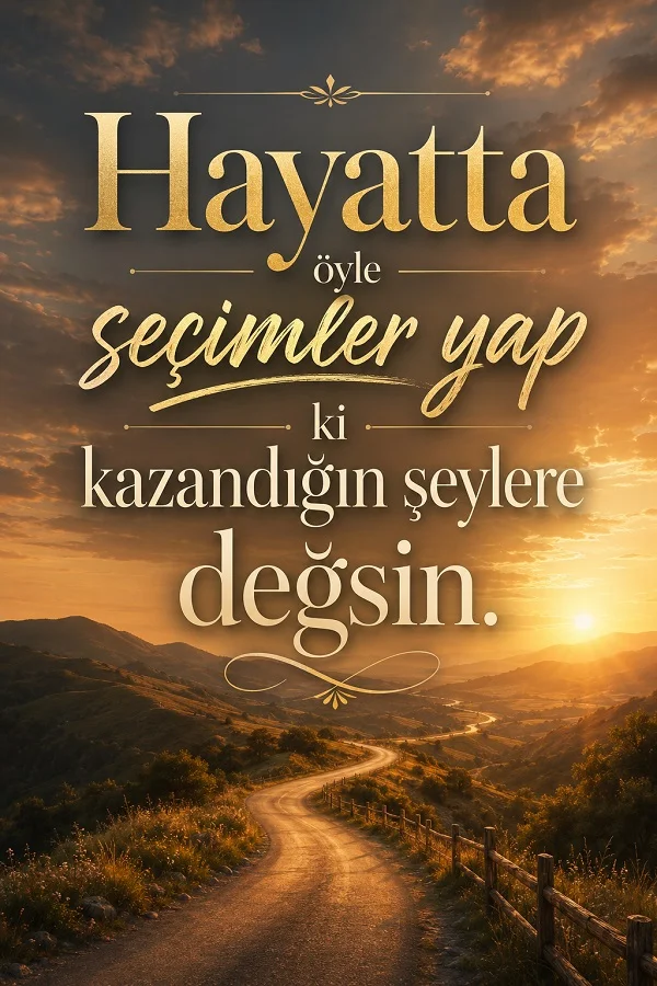 Kıvrımlı yol ve gün batımı manzarası bulunan arka planda “Hayatta öyle seçimler yap ki kazandığın şeylere değsin.” sözü yazılıdır.