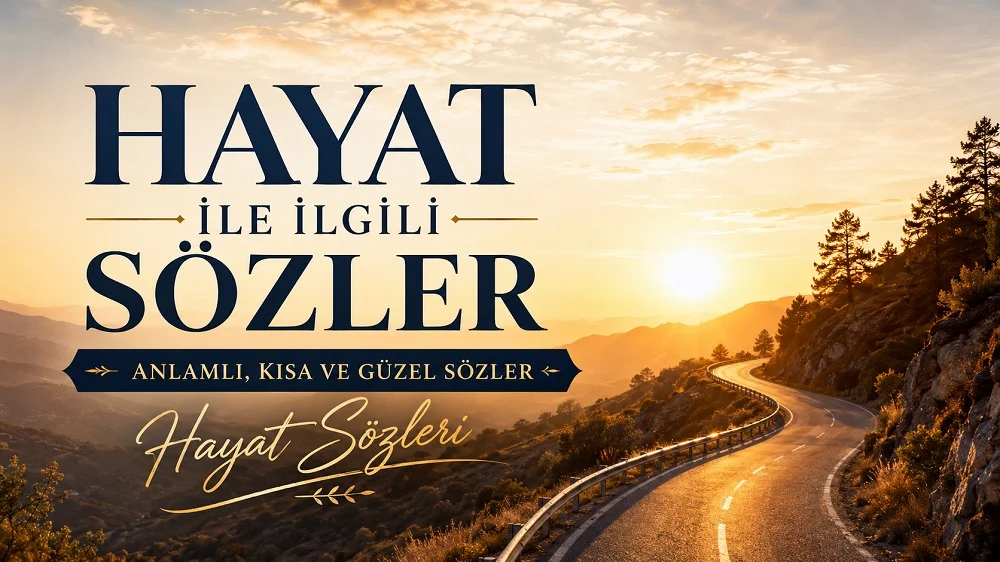 Gün doğumu manzarası, dağ yolu ve büyük tipografiyle hazırlanmış “Hayat ile İlgili Sözler: Anlamlı, Kısa ve Güzel Sözler” başlıklı modern kapak görseli.