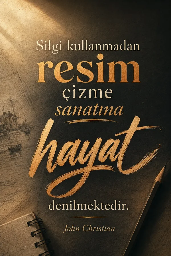 Defter, kalem ve çizim kâğıdı bulunan sanatsal arka plan üzerinde “Silgi kullanmadan resim çizme sanatına hayat denilmektedir. - John Christian” sözü yer alıyor.