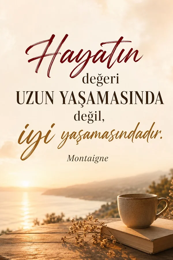 Deniz manzaralı açık renkli arka planda masa üzerindeki kitap ve fincan eşliğinde “Hayatın değeri uzun yaşamasında değil, iyi yaşamasındadır. - Montaigne” sözü yer alıyor.