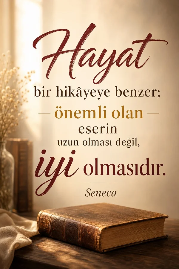 Kitap ve yumuşak ışıklı iç mekân fonu üzerinde “Hayat bir hikâyeye benzer; önemli olan eserin uzun olması değil, iyi olmasıdır. - Seneca” sözü yer alıyor.
