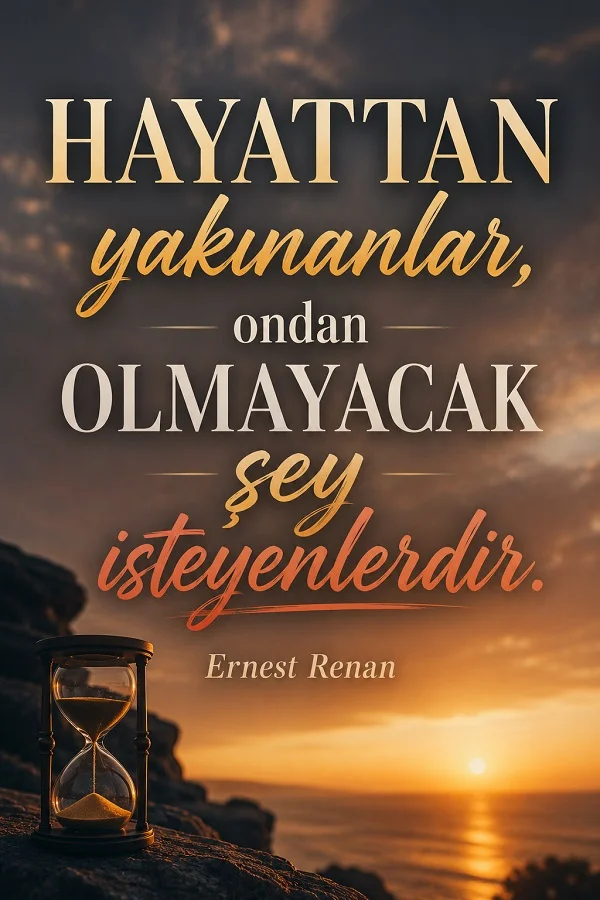 Gün batımı ve kum saati bulunan arka planda “Hayattan yakınanlar, ondan olmayacak şey isteyenlerdir. - Ernest Renan” sözü yazılıdır.