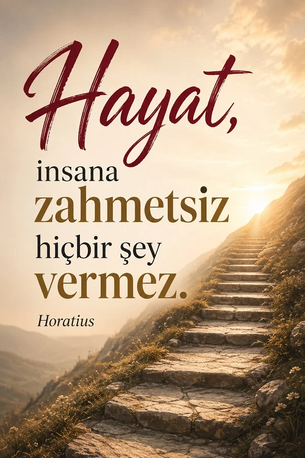 Taş merdivenli patika ve aydınlık gökyüzü fonu üzerinde “Hayat, insana zahmetsiz hiçbir şey vermez. - Horatius” sözü yer alıyor.