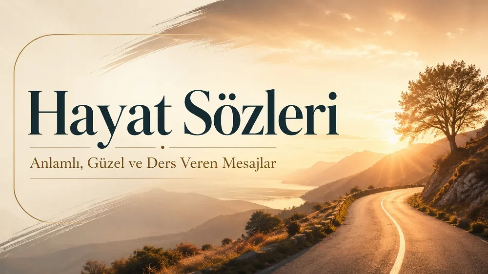 Gün doğumu eşliğinde uzanan yol, dağ manzarası ve sıcak renk tonlarıyla hazırlanmış “Hayat Sözleri: Anlamlı, Güzel ve Ders Veren Mesajlar” başlıklı modern kapak görseli.