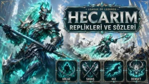 Hecarim replikleri ve sözleri başlıklı kapak görselinde, turkuaz ruh enerjisiyle çevrili hayalet süvari Hecarim savaş alanında hızla ilerlerken gösteriliyor.