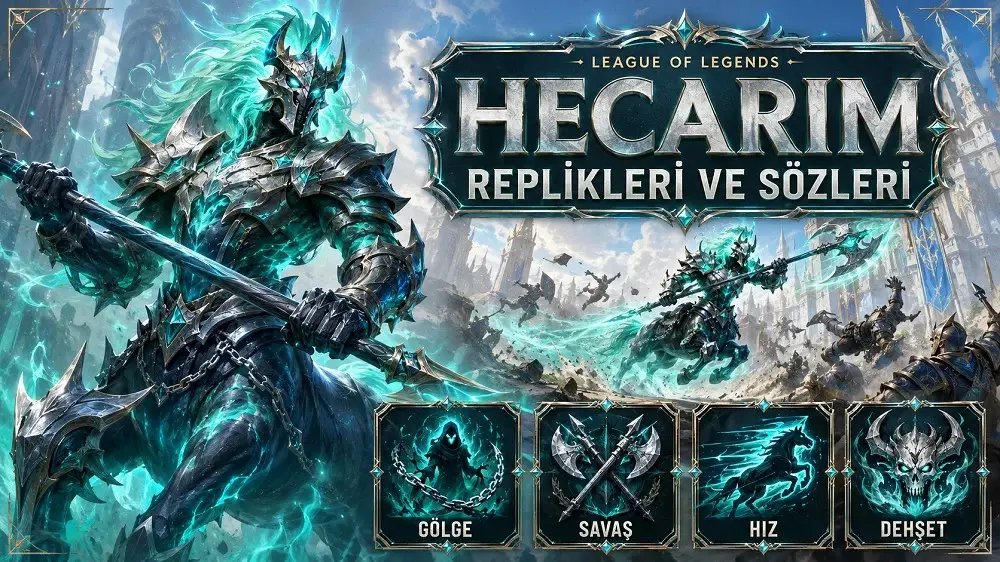 Hecarim replikleri ve sözleri başlıklı kapak görselinde, turkuaz ruh enerjisiyle çevrili hayalet süvari Hecarim savaş alanında hızla ilerlerken gösteriliyor.