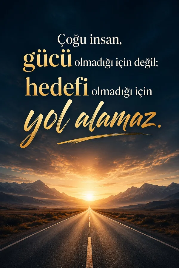 Dağlar arasından ufka uzanan yol manzaralı tasarımda “Çoğu insan, gücü olmadığı için değil; hedefi olmadığı için yol alamaz.” sözü yer alıyor.
