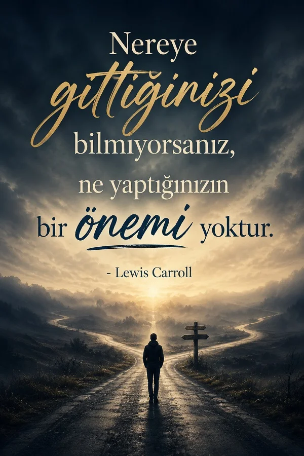 Yol ayrımında yürüyen bir insanın yer aldığı görselde “Nereye gittiğinizi bilmiyorsanız, ne yaptığınızın bir önemi yoktur. - Lewis Carroll” sözü bulunuyor.