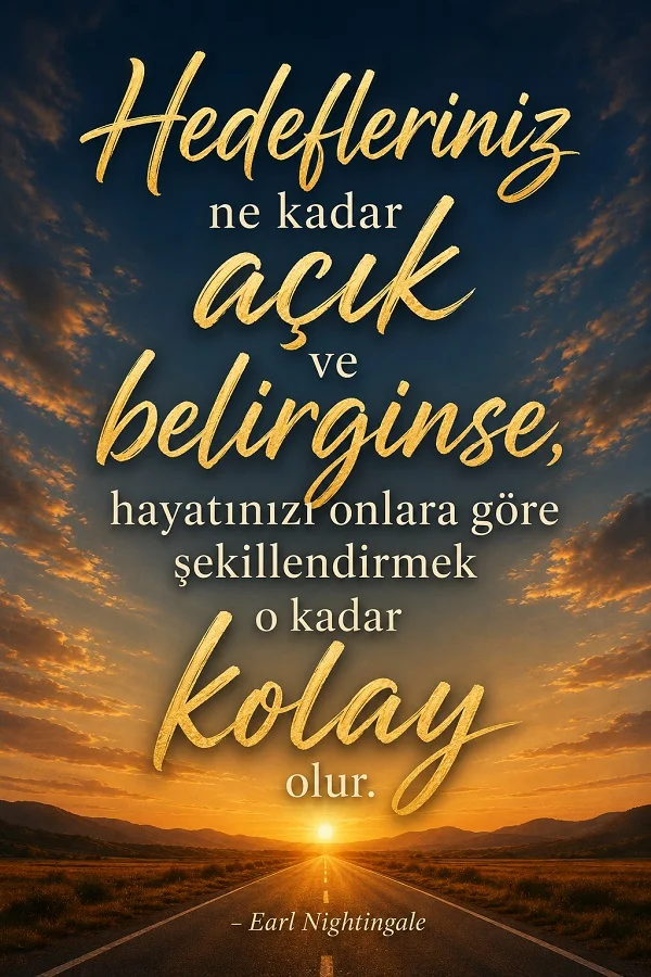Gün doğumuna uzanan yol manzarasında “Hedefleriniz ne kadar açık ve belirginse, hayatınızı onlara göre şekillendirmek o kadar kolay olur. - Earl Nightingale” sözü yer alıyor.