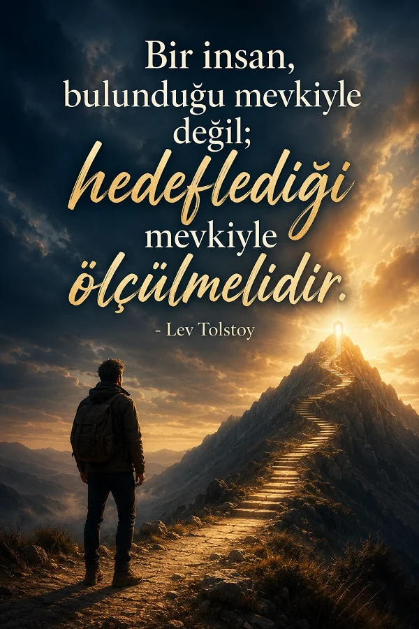 Dağ zirvesine çıkan taş merdivenlere bakan bir kişinin bulunduğu tasarımda “Bir insan, bulunduğu mevkiyle değil; hedeflediği mevkiyle ölçülmelidir. - Lev Tolstoy” sözü yazıyor.