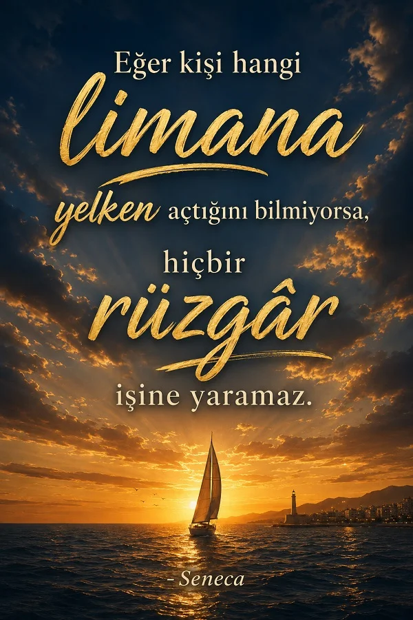Gün batımında denizde ilerleyen yelkenli bulunan tasarımda “Eğer kişi hangi limana yelken açtığını bilmiyorsa, hiçbir rüzgâr işine yaramaz. - Seneca” sözü yer alıyor.