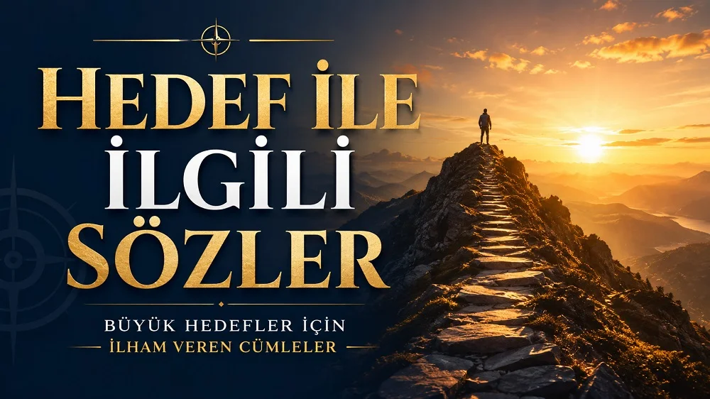 Hedef ile İlgili Sözler Büyük Hedefler İçin İlham Veren Cümleler başlıklı kapak görselinde, gün doğumunda dağ zirvesine çıkan taşlı bir yol ve zirvede duran bir kişi yer alıyor.