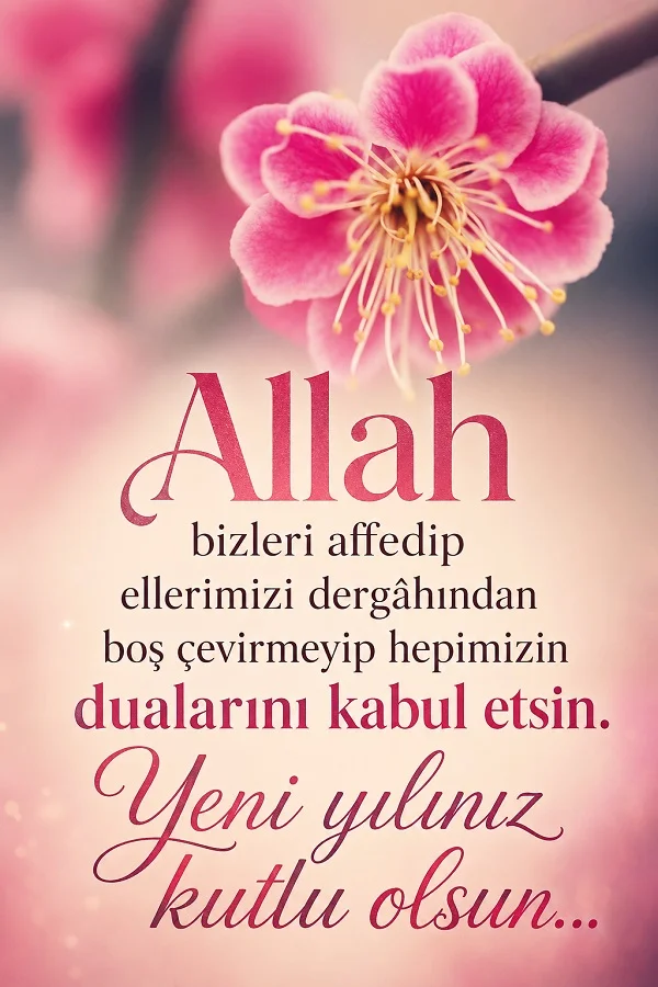 Pembe çiçek arka planı üzerinde “Allah bizleri affedip ellerimizi dergâhından boş çevirmeyip hepimizin dualarını kabul etsin. Yeni yılınız kutlu olsun...” yazılı Hicri yılbaşı mesajı görseli.