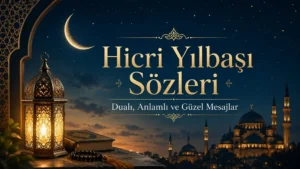 Hilal, cami, kandil ve tesbih detaylarıyla hazırlanmış Hicri yılbaşı kapak görseli.