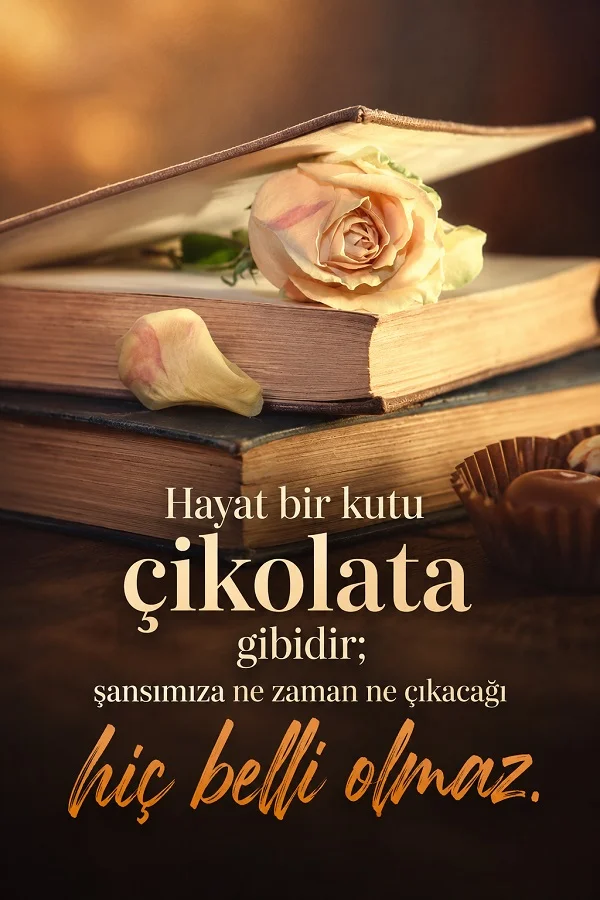 Kitapların arasında duran gül ve çikolata eşliğinde, hayatın bir kutu çikolata gibi ne zaman ne çıkaracağı belli olmayan yönünü anlatan anlamlı söz.