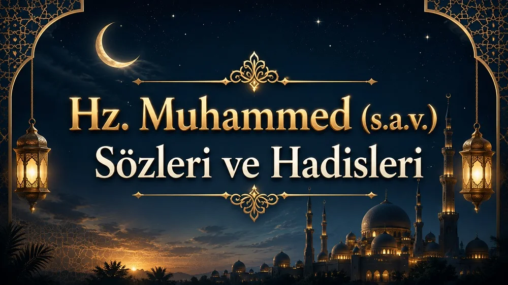 Hz. Muhammed s.a.v. Sözleri ve Hadisleri başlıklı, hilal, yıldızlar, kandil fenerleri ve cami silüetiyle hazırlanmış manevi kapak tasarımı.