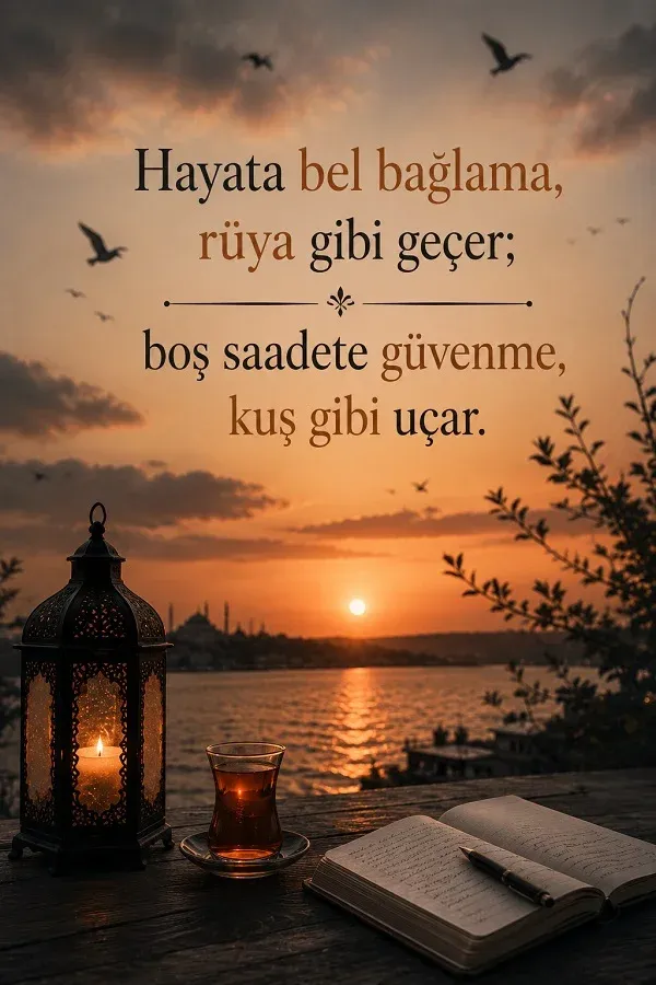 Gün batımında deniz kenarında fener, çay bardağı ve açık defter ile “Hayata bel bağlama, rüya gibi geçer; boş saadete güvenme, kuş gibi uçar.” sözü.