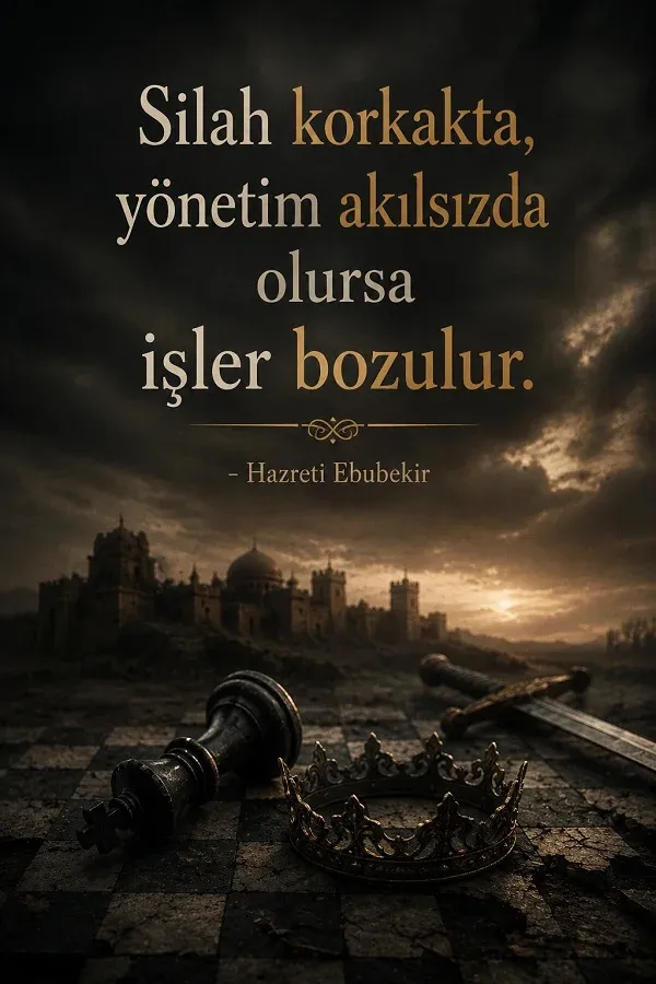 Kasvetli gökyüzü altında satranç taşı, taç ve kılıç ile “Silah korkakta, yönetim akılsızda olursa işler bozulur.” Hazreti Ebubekir sözü.