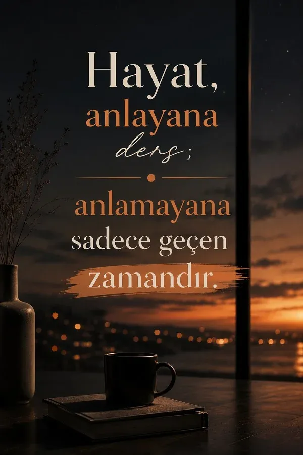 Pencere önünde fincan ve kitap bulunan akşam manzarası ile “Hayat, anlayana ders; anlamayana sadece geçen zamandır.” sözü.