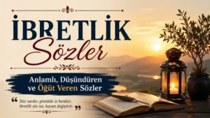 İbretlik sözler başlıklı, gün batımı fonunda açık kitap, tüy kalem ve mum ışığı bulunan anlamlı kapak görseli.