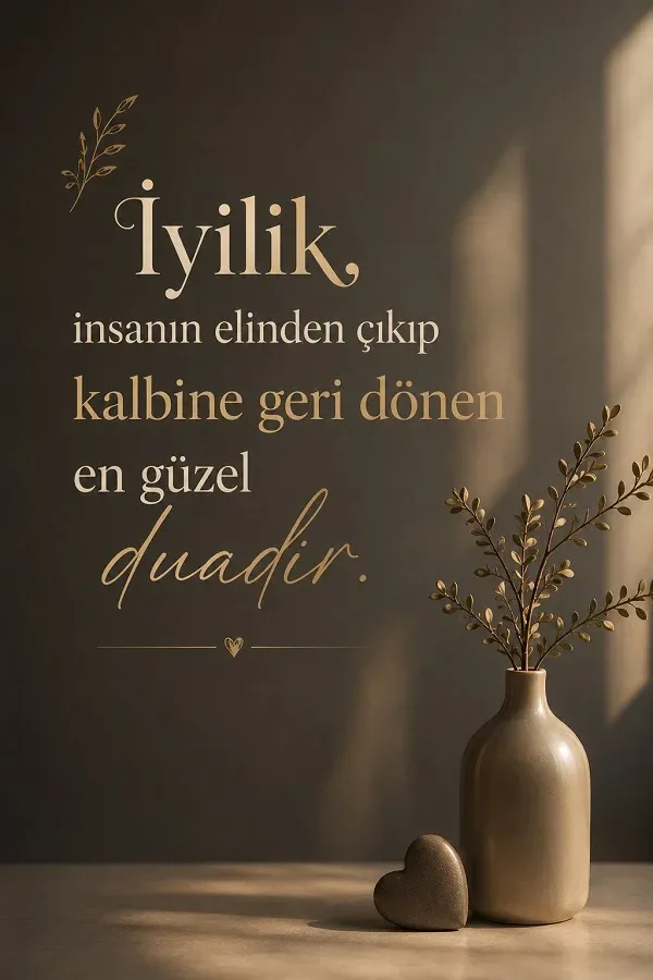Masa üzerinde vazo ve kalp objesi ile “İyilik, insanın elinden çıkıp kalbine geri dönen en güzel duadır.” sözü.