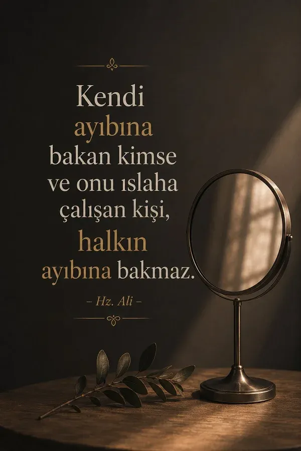 Masa üzerindeki ayaklı ayna ve yaprak detayı ile “Kendi ayıbına bakan kimse ve onu ıslaha çalışan kişi, halkın ayıbına bakmaz.” Hz. Ali sözü.