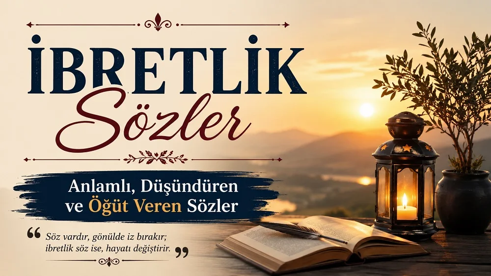 İbretlik sözler başlıklı, gün batımı fonunda açık kitap, tüy kalem ve mum ışığı bulunan anlamlı kapak görseli.