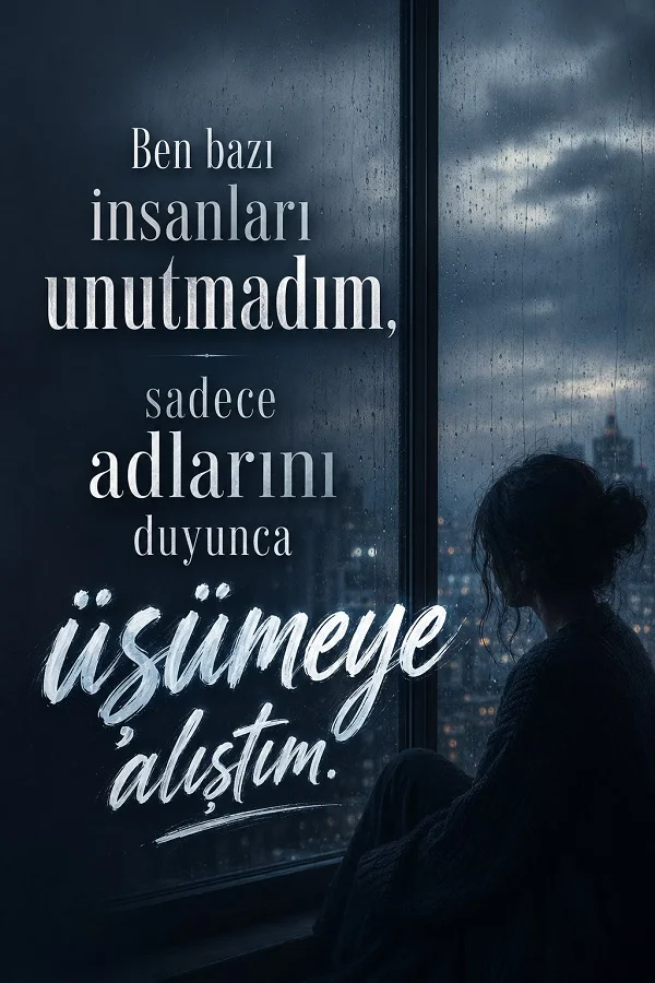 Yağmurlu pencere kenarında oturan kadın ve bazı insanları unutmayıp sadece adlarını duyunca üşümeye alışmayı anlatan hüzünlü söz.