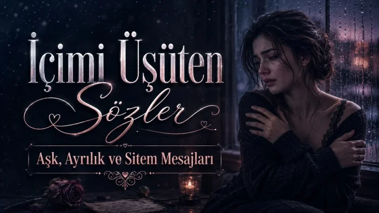 İçimi Üşüten Sözler başlığıyla hazırlanmış, yağmurlu pencere kenarında göğsüne sarılmış üzgün kadın figürü ve duygusal yazı tasarımı bulunan kapak görseli.