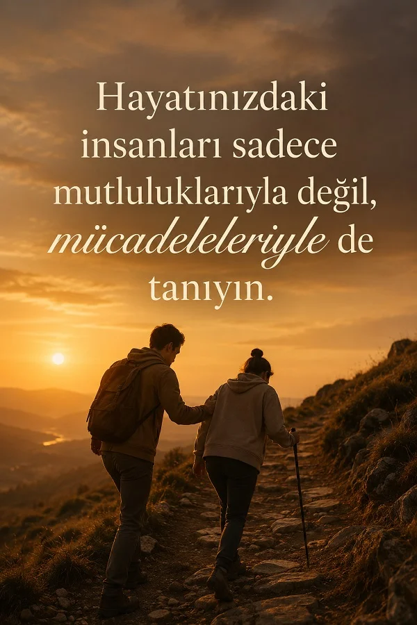 Dağ yolunda birlikte yürüyen iki kişi ve “Hayatınızdaki insanları sadece mutluluklarıyla değil, mücadeleleriyle de tanıyın.” sözü.