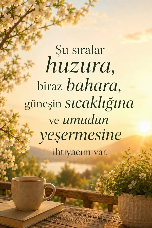 Bahar çiçekleri, fincan ve manzara eşliğinde “Şu sıralar huzura, biraz bahara, güneşin sıcaklığına ve umudun yeşermesine ihtiyacım var.” sözü.