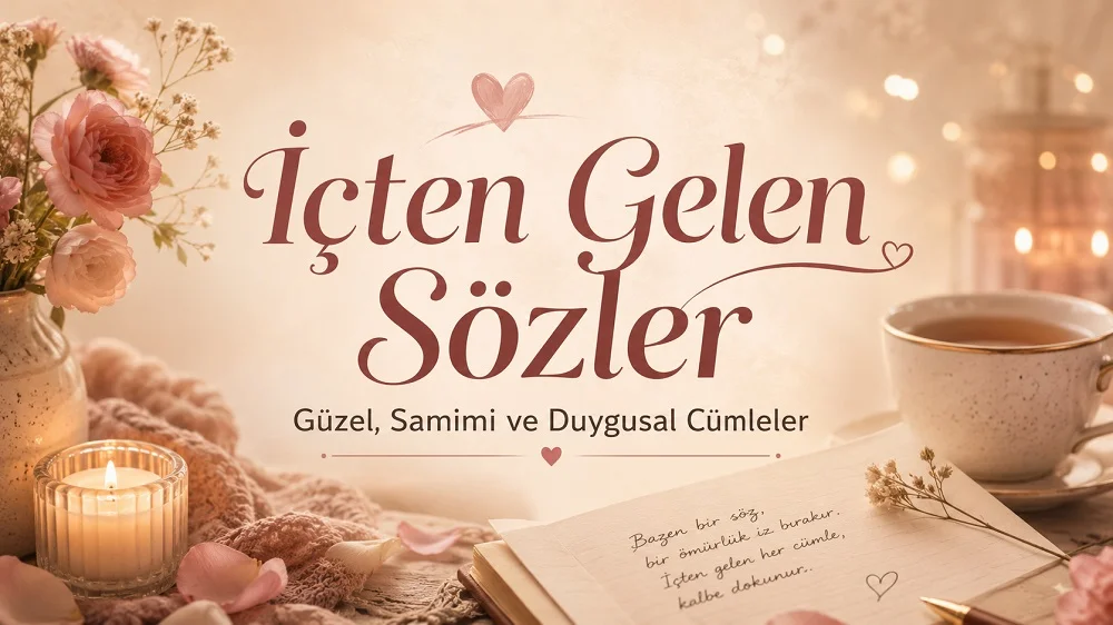 İçten Gelen Sözler başlıklı, çiçekler, mum, kahve fincanı ve el yazılı not detaylarıyla hazırlanmış samimi ve duygusal blog kapak görseli.