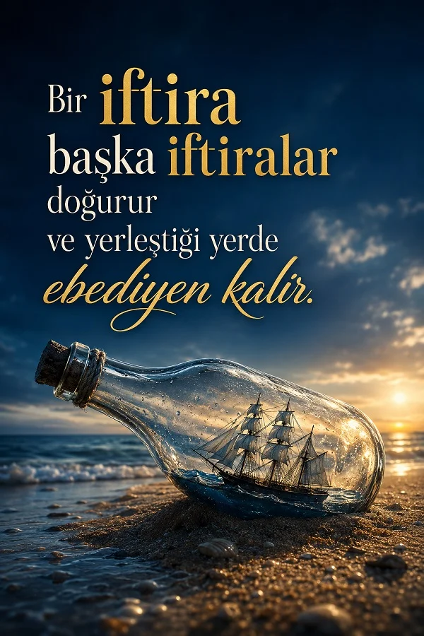 Deniz kenarında şişe içinde gemi bulunan arka plan üzerinde “Bir iftira başka iftiralar doğurur ve yerleştiği yerde ebediyen kalır.” sözü.