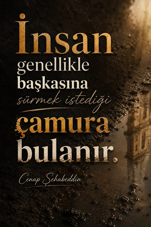 Çamurlu bir zemin üzerinde “İnsan genellikle başkasına sürmek istediği çamura bulanır.” Cenap Şahabeddin sözü.