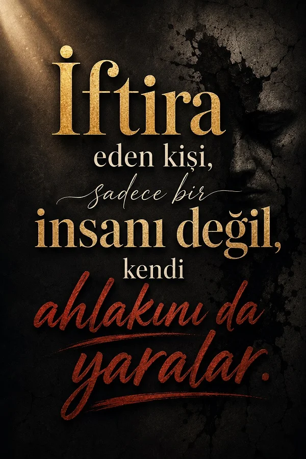 Karanlık çatlak yüz arka planında “İftira eden kişi, sadece bir insanı değil, kendi ahlakını da yaralar.” sözü.