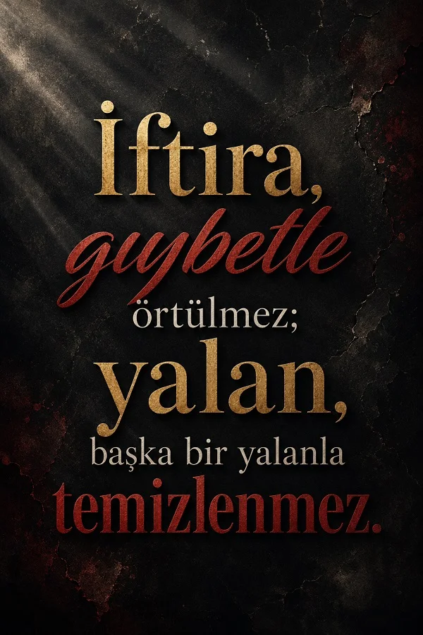 Karanlık çatlak arka plan üzerinde “İftira, gıybetle örtülmez; yalan, başka bir yalanla temizlenmez.” sözü.