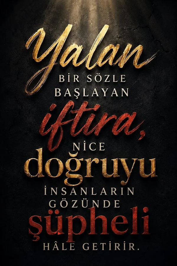 Koyu arka plan üzerinde “Yalan bir sözle başlayan iftira, nice doğruyu insanların gözünde şüpheli hâle getirir.” sözü.