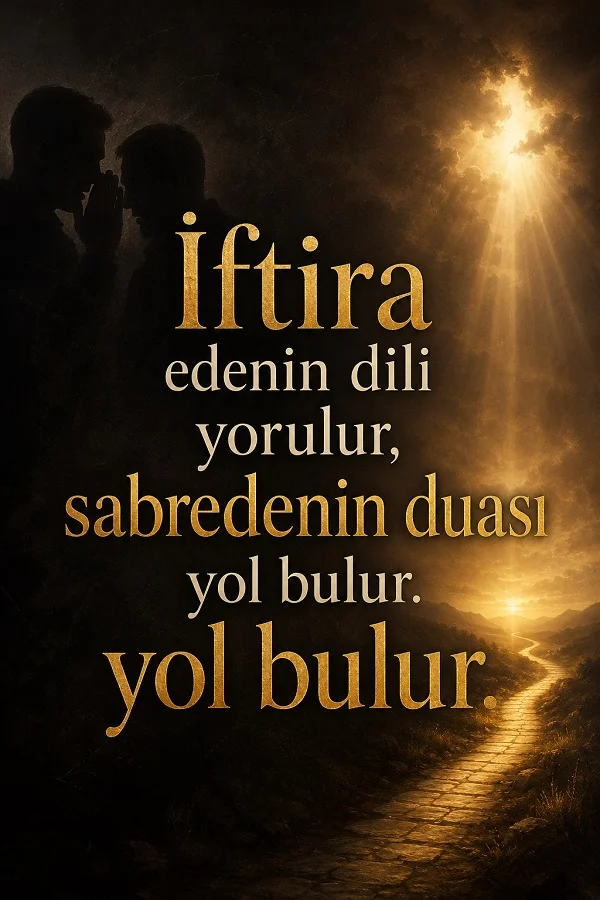 Karanlıkta fısıldaşan siluetler ve ışığa uzanan yol üzerinde “İftira edenin dili yorulur, sabredenin duası yol bulur.” sözü.