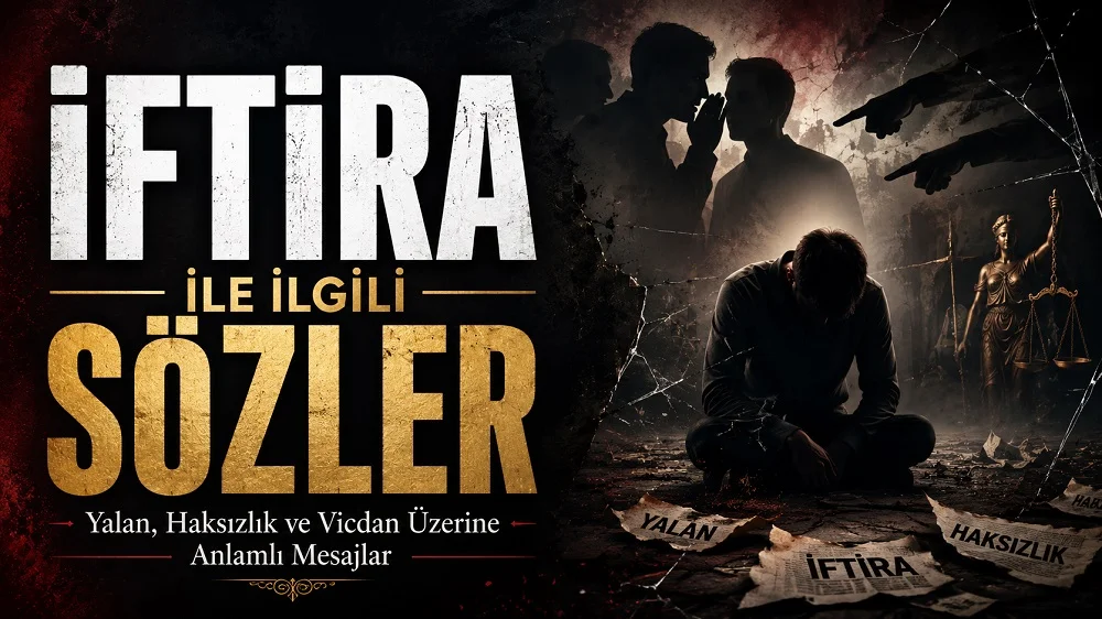 Koyu dramatik tonlarda hazırlanmış kapak görselinde, “İftira ile İlgili Sözler” başlığı, suçlayıcı gölgeler, üzgün bir figür ve adalet terazisi detayları yer alıyor.