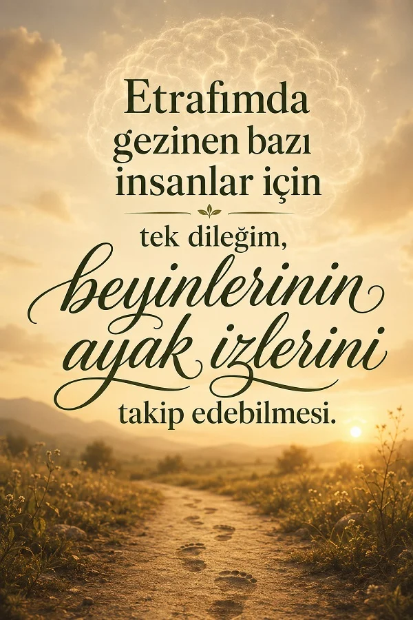 Doğal bir patika yol üzerinde ayak izlerinin görüldüğü, gökyüzünde beyin şeklini andıran parlak bir bulutun yer aldığı manzara üzerinde “Etrafımda gezinen bazı insanlar için tek dileğim, beyinlerinin ayak izlerini takip edebilmesi.” yazısı bulunuyor.
