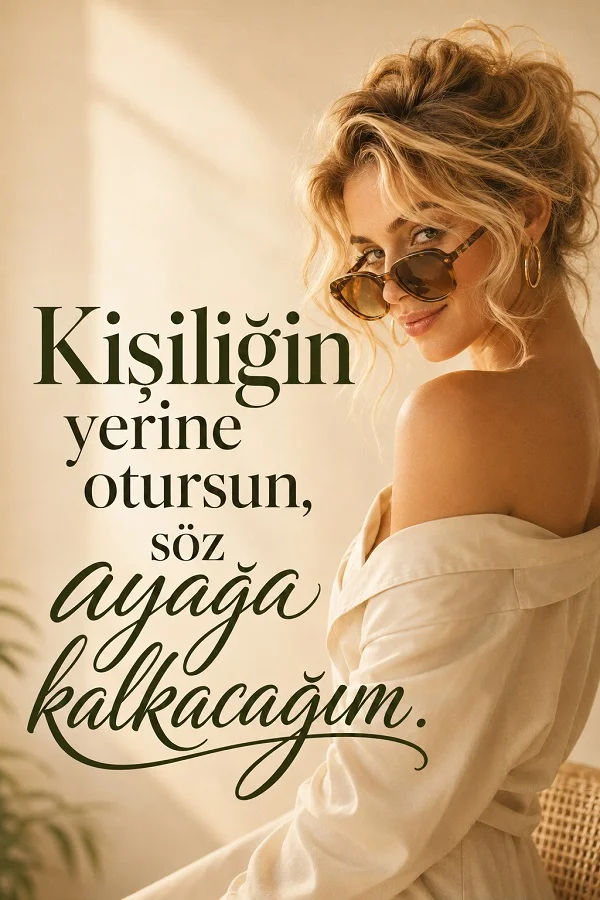 Açık renk kıyafetli, güneş gözlüklü bir kadın figürünün yer aldığı aydınlık sahnede “Kişiliğin yerine otursun, söz ayağa kalkacağım.” yazısı bulunuyor.