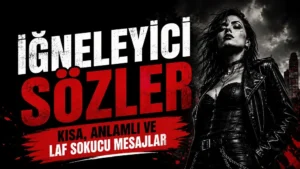 Siyah deri ceketli güçlü kadın figürü, kırmızı fırça detayları ve İğneleyici Sözler başlığıyla hazırlanmış laf sokucu mesajlar kapak tasarımı.